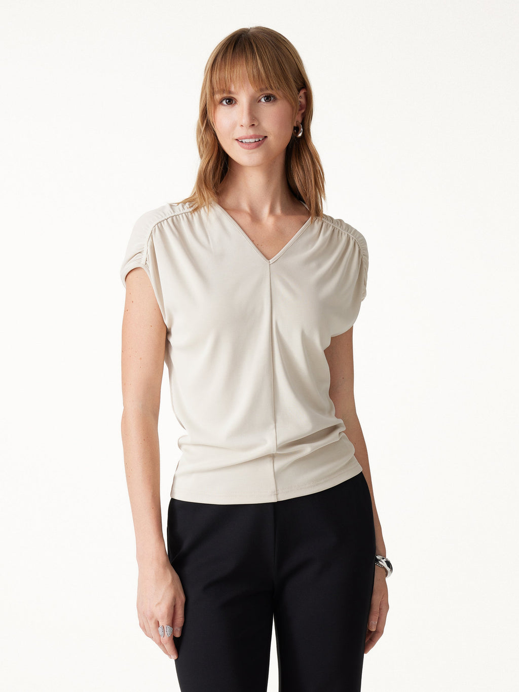 Modal Relaxed V-Neck Gathered Shoulder Top