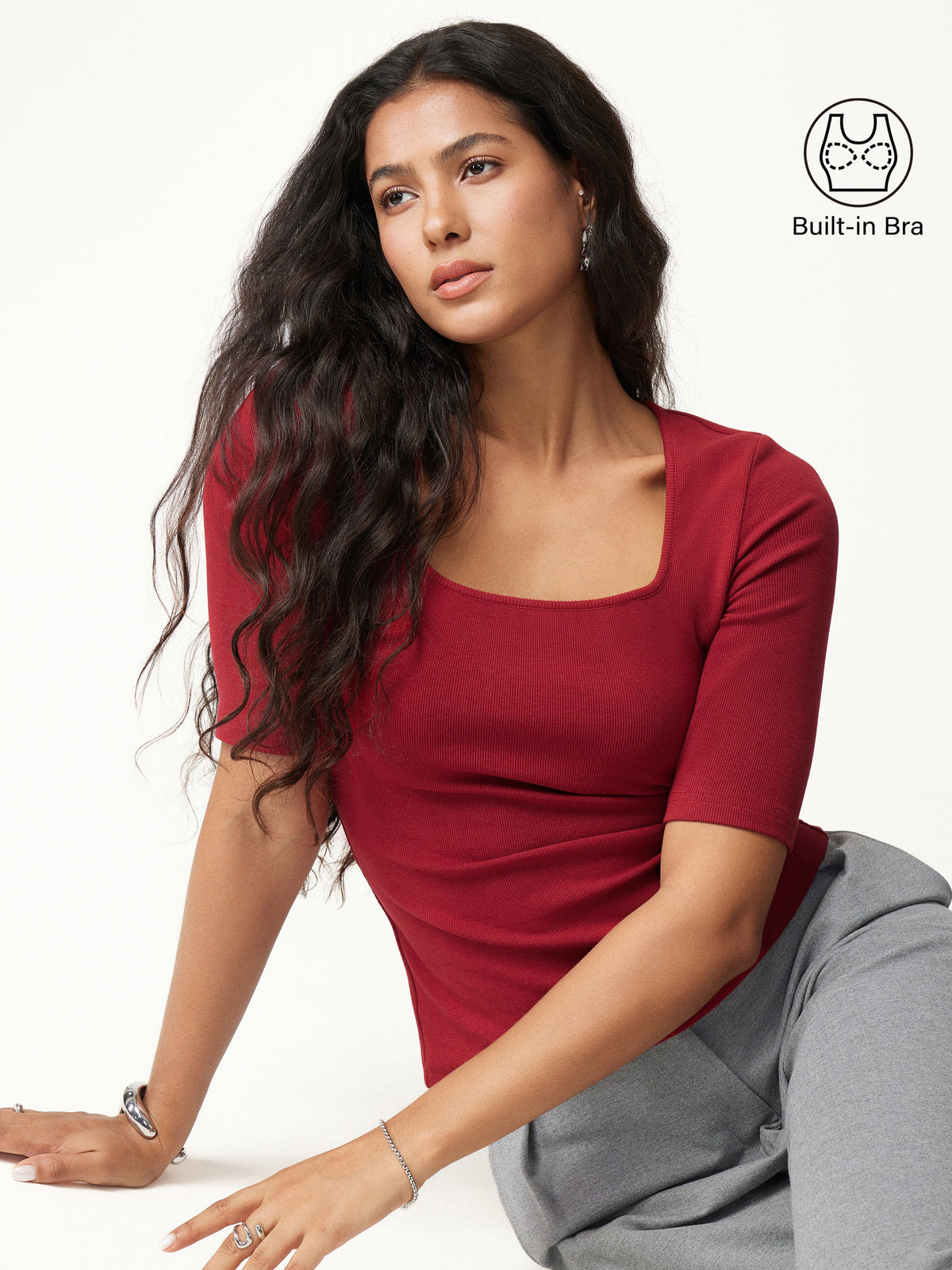 Essential Square Neck Elbow Length Sleeve Bra Top