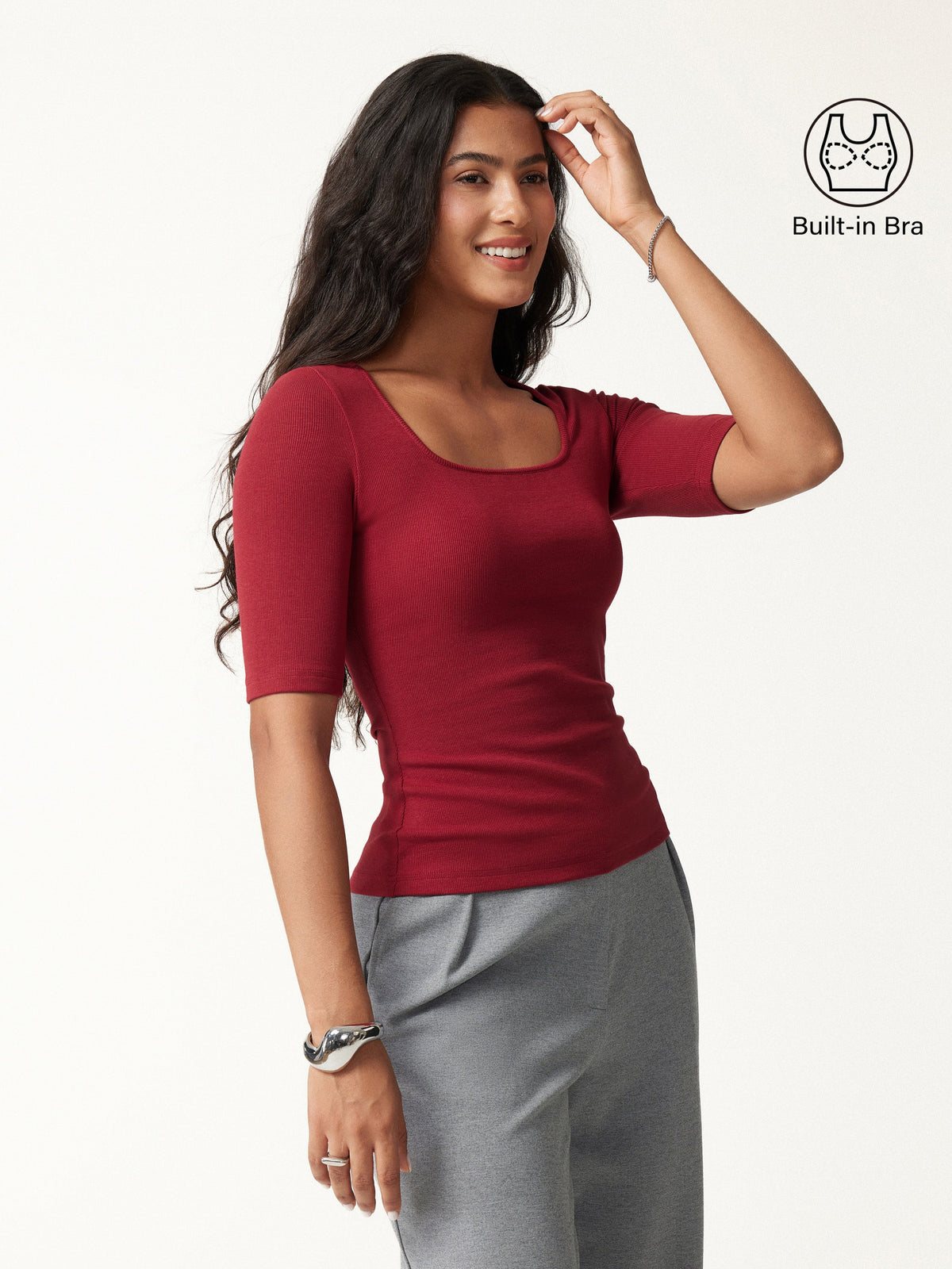 Essential Square Neck Elbow Length Sleeve Bra Top