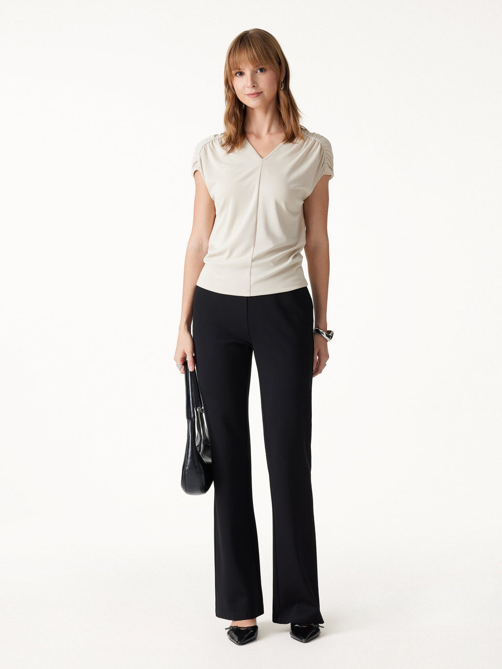 Sandwashed Modal Relaxed V-Neck Gathered Shoulder Top